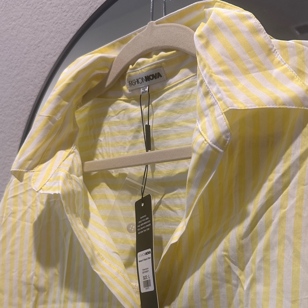 Fashion Nova womens Yellow and White Striped Button-Down Shirt